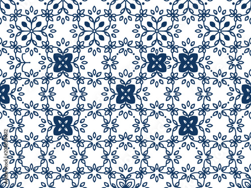 Dark blue floral damask pattern on white background