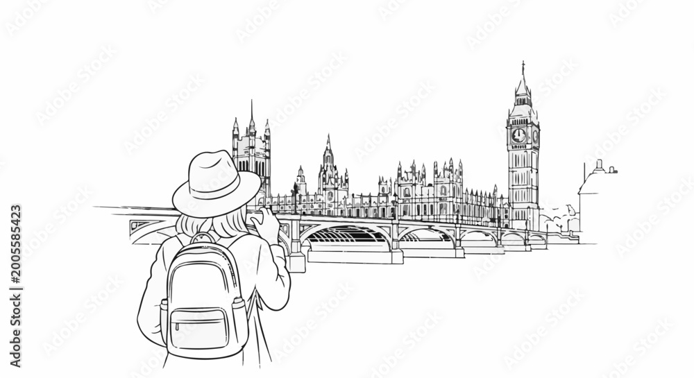 Obraz premium Sketch of a tourist with backpack and hat capturing a landmark with a camera