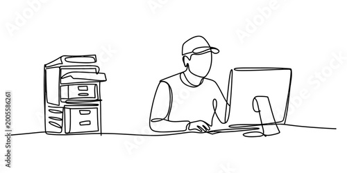 Foto Man working on computer with printer in office line art