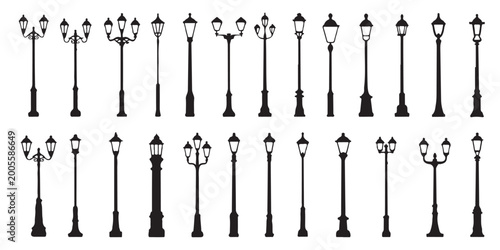 Quadro su tela collection of decorative vintage street lamps on white background vector illustration design element public lighting posts antique old style outdoor light fixtures