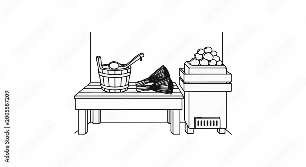 Naklejka premium Sauna bench with bucket, ladle, whisks and heater