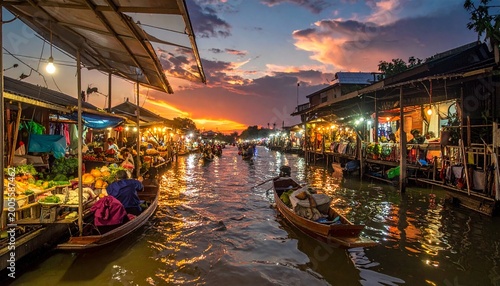 Принти на полотні Vibrant floating market at sunset in Thailand, a cultural experience