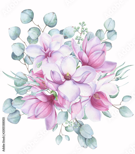 Watercolor bouquet of pink magnolia flowers and green eucalyptus leaves. Soft floral composition isolated on white background.
