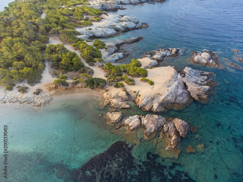 Aerial perspective of the coastal cliffs and lush pine tree park on Grand Gaou Island, overlooking the pristine blue waters of the lagoon. Six-Fours-les-Plages, Provence, French Riviera, France.