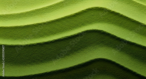 Closeup of vibrant green matcha powder arranged in smooth, flowing wave patterns, creating a textured and organic abstract background
