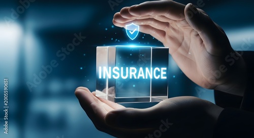 Hands holding a glowing insurance concept with digital projection