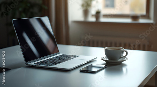 Minimalist workspace with laptop, smartphone and coffee cup on table near window. Soft natural light creates calm atmosphere for remote work, productivity and modern lifestyle.