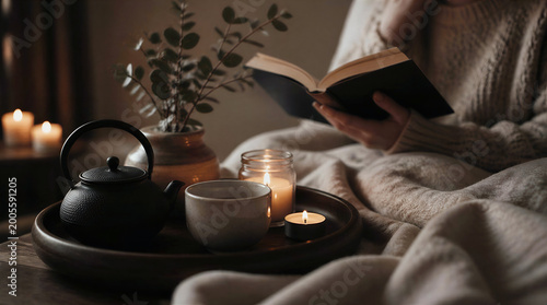 Warm cozy scene with tea set, candles and person reading book under blanket. Soft lighting creates relaxing atmosphere for self-care, mindfulness and slow living.
