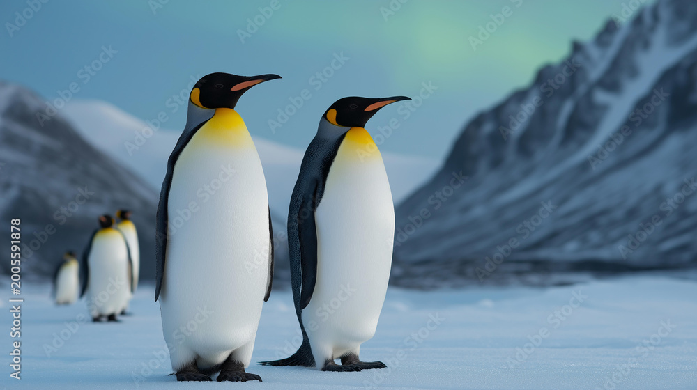 Fototapeta premium Penguins on an ice landscape with aurora borealis northern lights in the night sky, polar wildlife and nature concept, winter landscape photography, with copy space