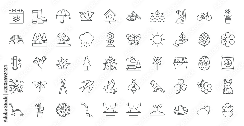 Fototapeta premium Spring icon set. Spring calendar, sprout, butterfly, snail, birds, blossom, mushroom, rain, gardening, bike, flower, rainbow, forest, sunrise and more. Outline vector icons collection
