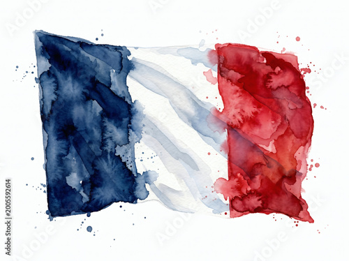 Watercolor France flag illustration isolated on white background, French tricolor national symbol with paint splashes