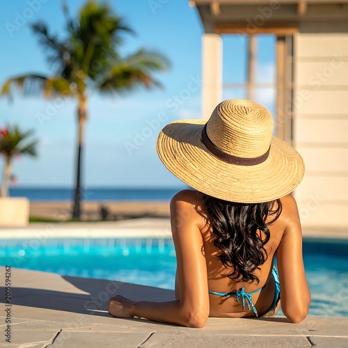 A woman in a bikini and sunhat by the poolside