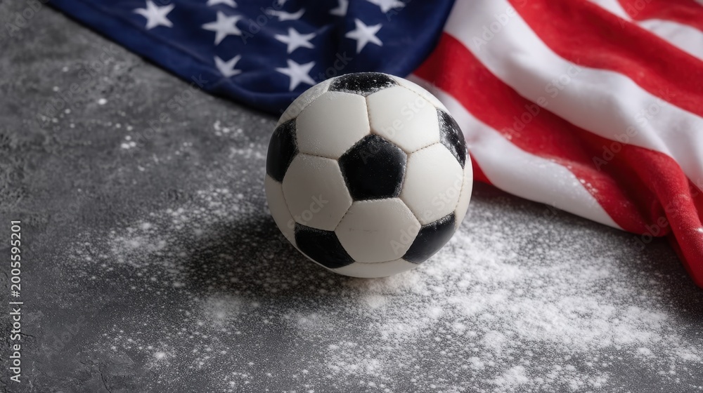 Fototapeta premium Soccer Ball on Gray Surface with American Flag Background for Sport and Patriotism Themes in Lifestyle and Leisure Contexts