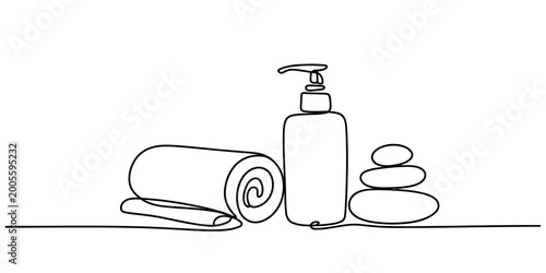 Canvas Print Continuous single line drawing of spa items including towel lotion bottle and ze