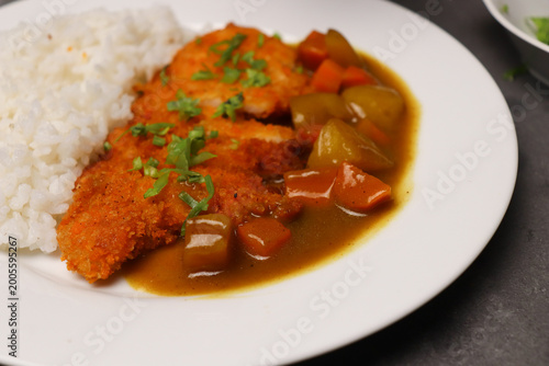 Crispy breaded cutlet rests on rich, savory curry