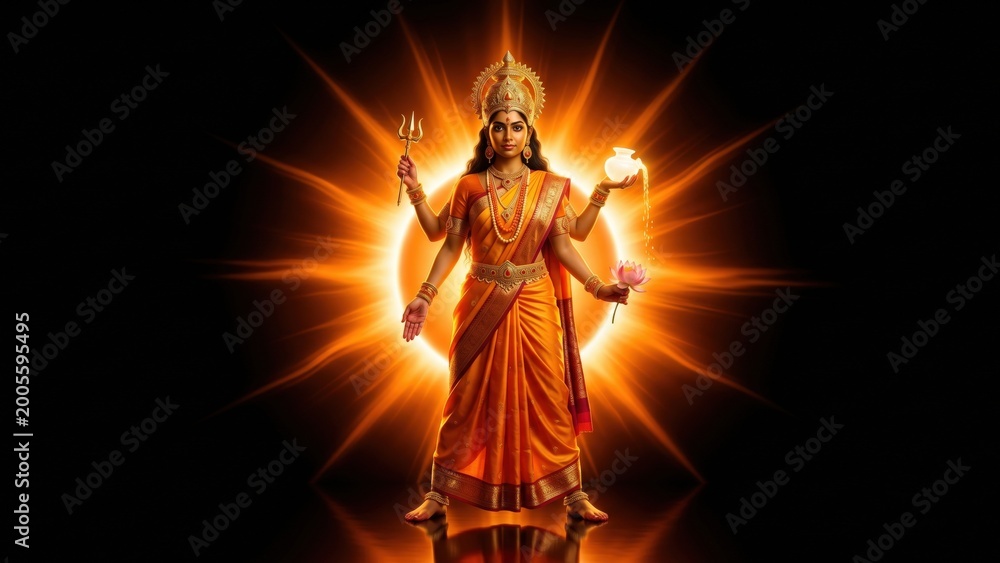 Fototapeta premium Powerful Hindu Goddess Fiery Halo – Divine Warrior Deity Portrait