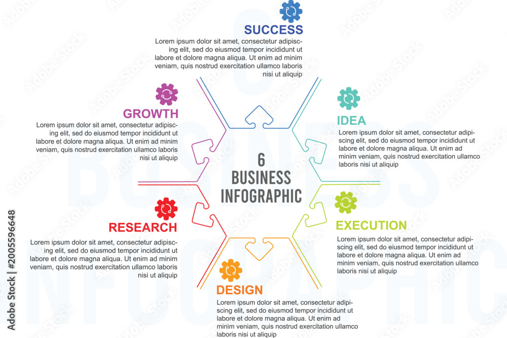 Obraz premium 6 Step Business Infographic Hex Diagram Path to Success Workflow Template.eps