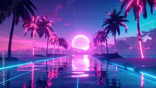 Neon palm trees on a reflective beach with a sunset
