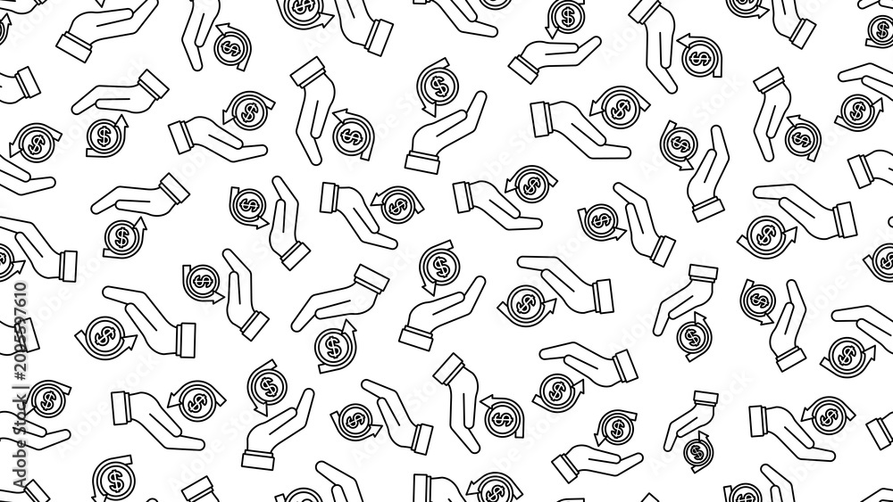 Fototapeta premium Seamless vector pattern featuring outline icons of a business hand holding a dollar coin with a curved income arrow on a transparent background for business income concepts. Fintech pattern backdrop.