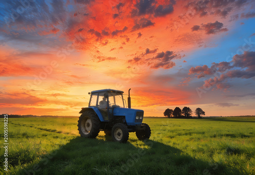  A blue tractor drives across a green field at sunset. Agriculture, sowing.