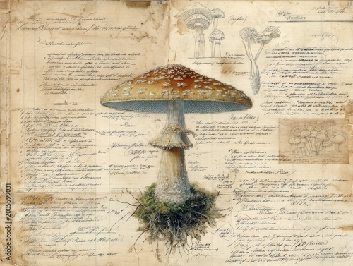 Antique botanical illustration of a poisonous mushroom species (like Amanita), with scientific labels and handwritten notes. Stained paper background