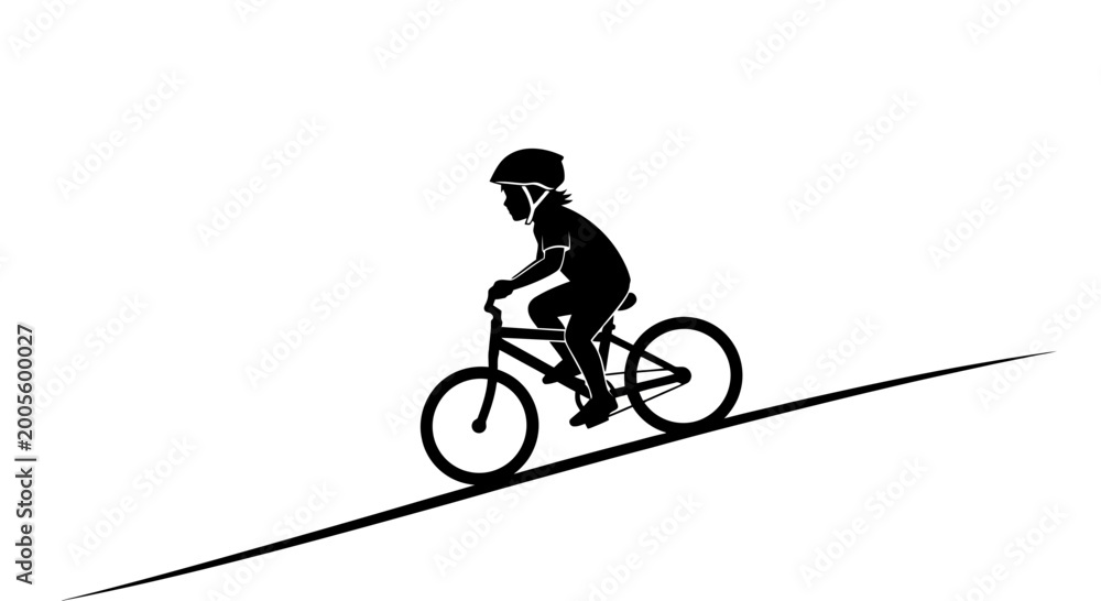 Fototapeta premium Black silhouette of a child riding a bicycle uphill.