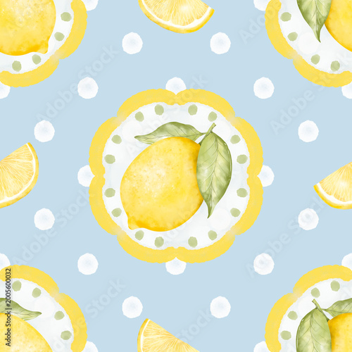 Lemon Seamless Pattern, Pastel Blue Polka Dot Digital Paper, Summer Fruit Background, Citrus Scrapbook Paper, Lemonade Print