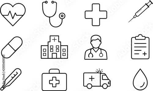 collection of medical icons featuring heartbeat stethoscope and hospital building on a white background high quality professional detailed modern elegant