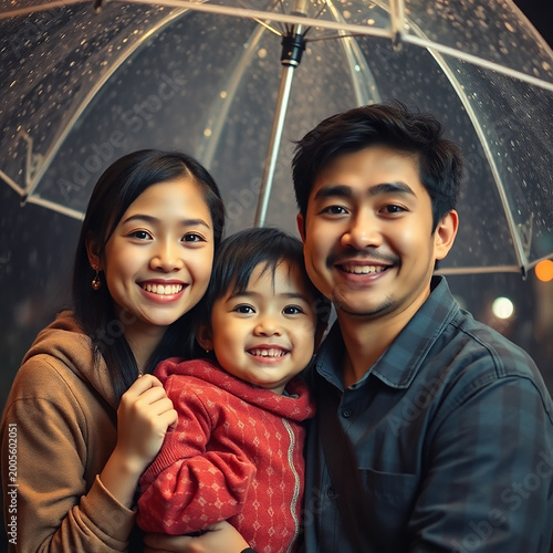 A happy family concept, protected by an umbrella. They are smiling and life is beautiful despite the rain and troubles 