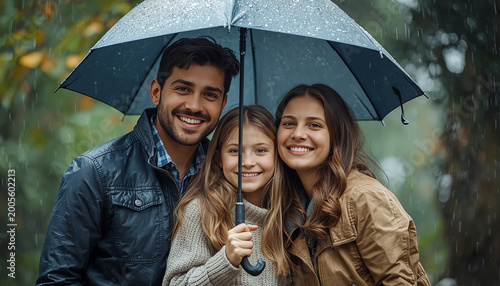 A happy family concept, protected by an umbrella. They are smiling and life is beautiful despite the rain and troubles 