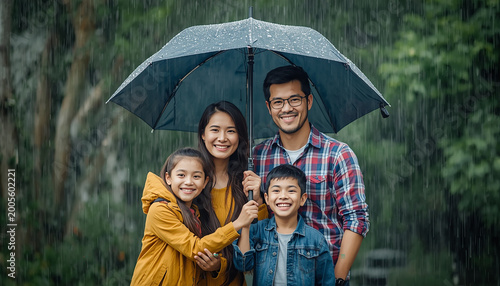 A happy family concept, protected by an umbrella. They are smiling and life is beautiful despite the rain and troubles 