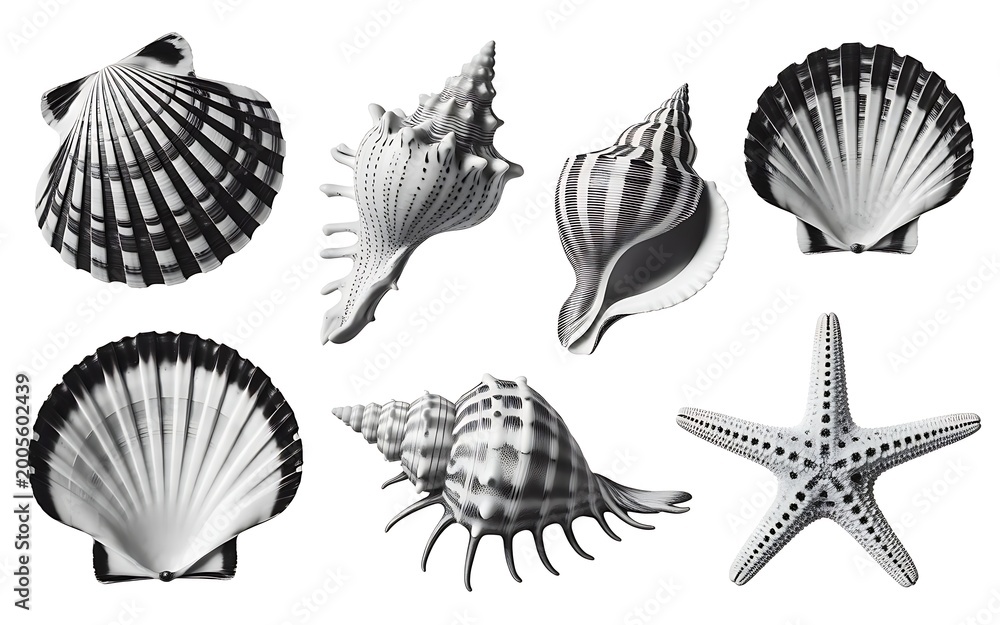 Fototapeta premium black and white seashells and starfish on white background