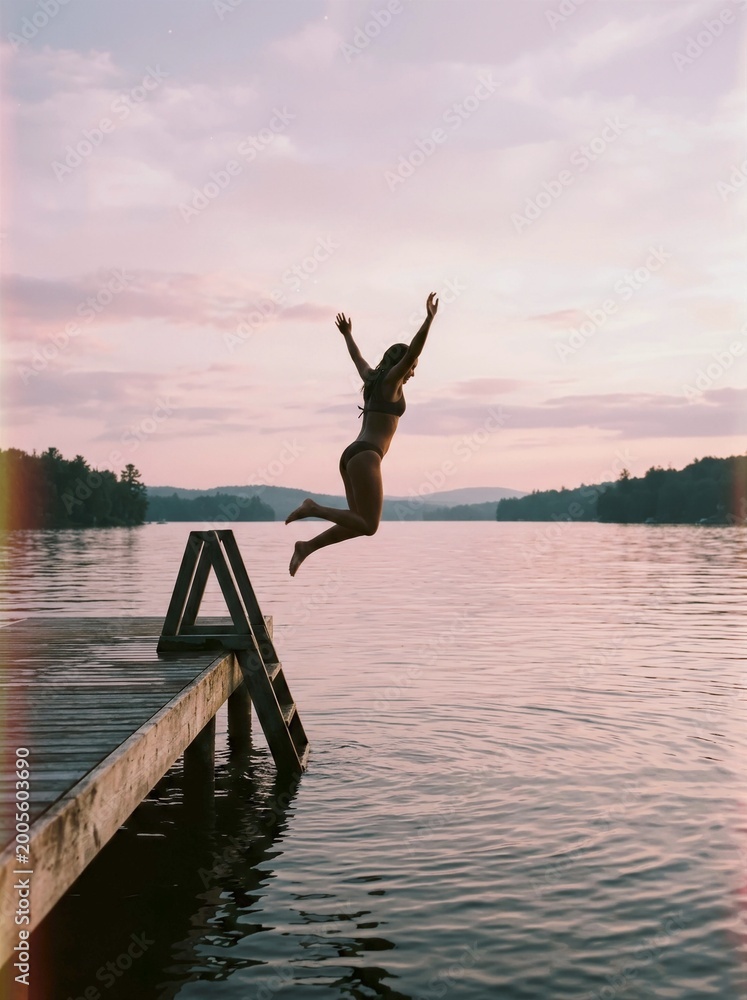 Fototapeta premium Woman Jumping from Wooden Dock into Serene Lake at Sunset