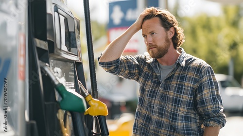 Man looking worried at gas pump with high fuel prices