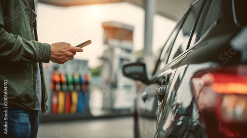 Man using smartphone at gas station near car, checking fuel prices