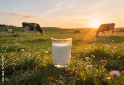 A glass of milk stands in the grass on a green field, with cows grazing in the background. Sunset. Healthy lifestyle.