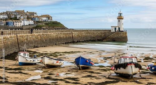 Coastal village with lighthouse, harbor, and beached boats
