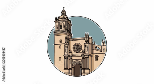 Stylized illustration of a grand cathedral with a tall bell tower, intricate facade