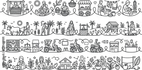 Fotografía Village life and traditional occupations border set featuring rural farming craftsmanship community services culture and daily activities line art style
