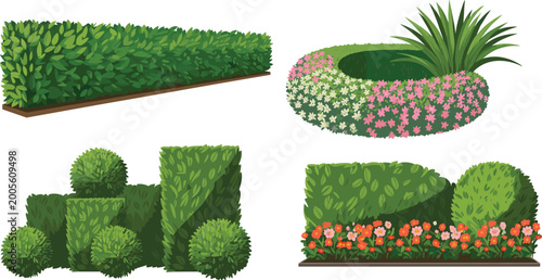 Fotografía Vector illustration of ornamental garden hedges, flower beds, and topiary arrang