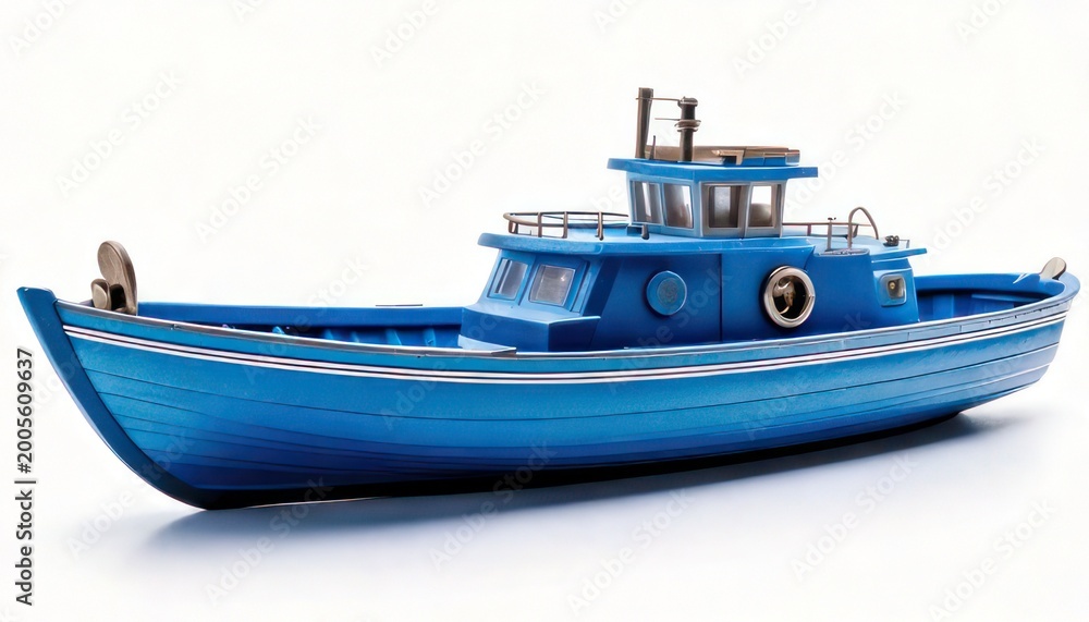 Naklejka premium Detailed Blue Boat Model on White Background, Nautical Transportation.