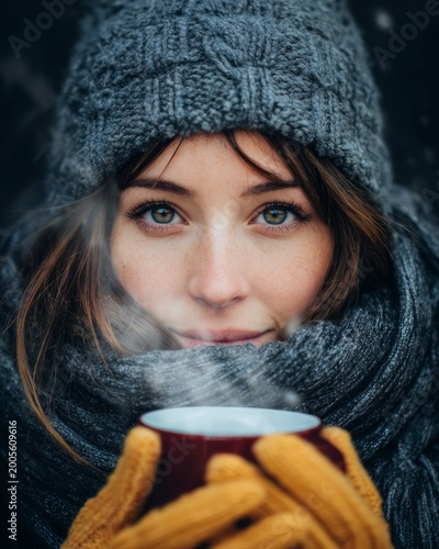 Close Up Portrait of Woman Holding Hot Drink on Cold Winter Day
