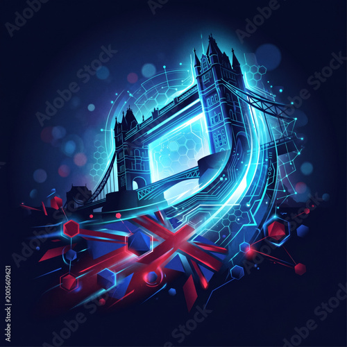 Creative digital illustration of Tower Bridge with glowing blue tech lines, neon elements, and abstract Union Jack patterns in a dark night theme.