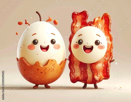 Cheerful cartoon egg and bacon characters, smiling joyfully