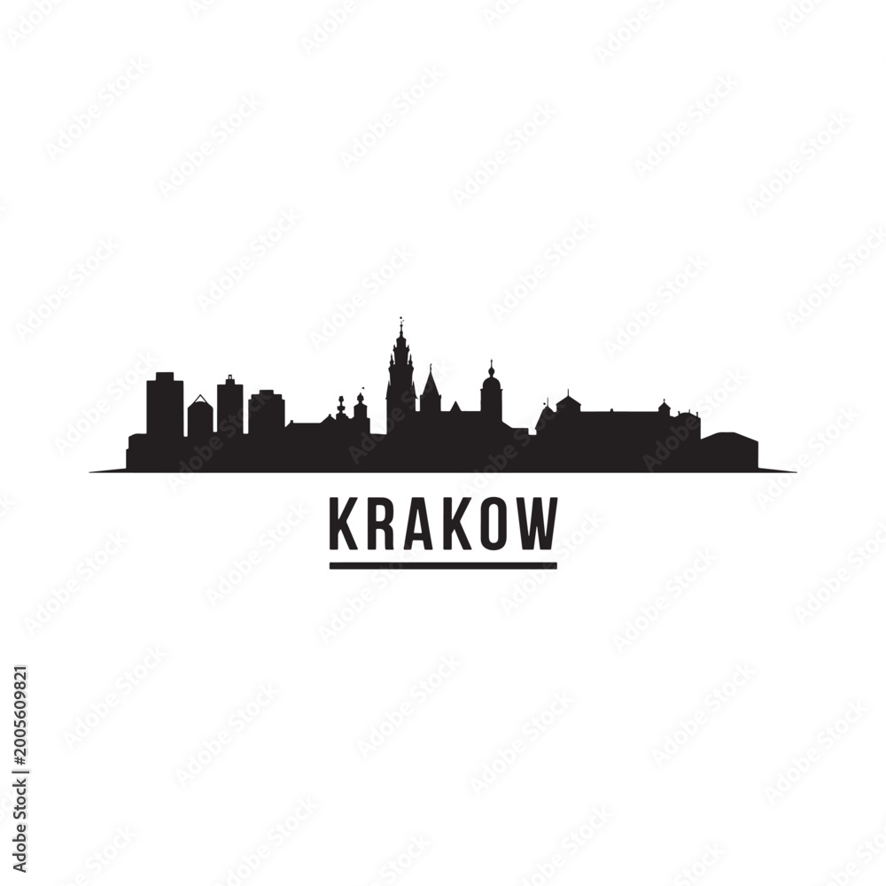 Obraz premium Krakow Skyline Silhouette with City Name Black on White