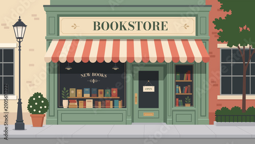 Foto Vintage bookstore storefront exterior with classic green facade and display window vector illustration