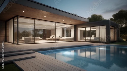 Modern Luxury Home with Pool at Dusk.