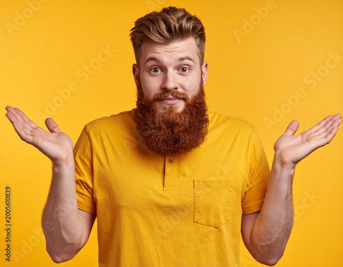 Man shrugs with confused expression on yellow background
