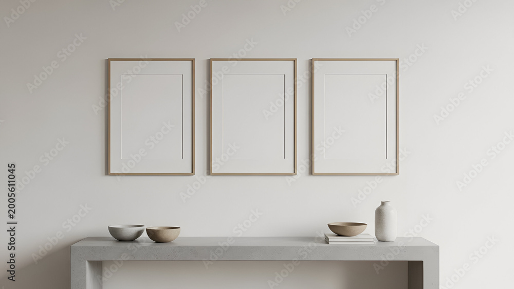 Fototapeta premium three empty gold picture frames on minimalist white wall above modern console table