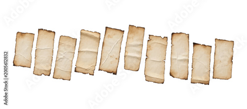 Vintage Old Paper Strips Collection Isolated on White Background – Antique Parchment Pieces, Torn Edges, Grunge Style Design Elements